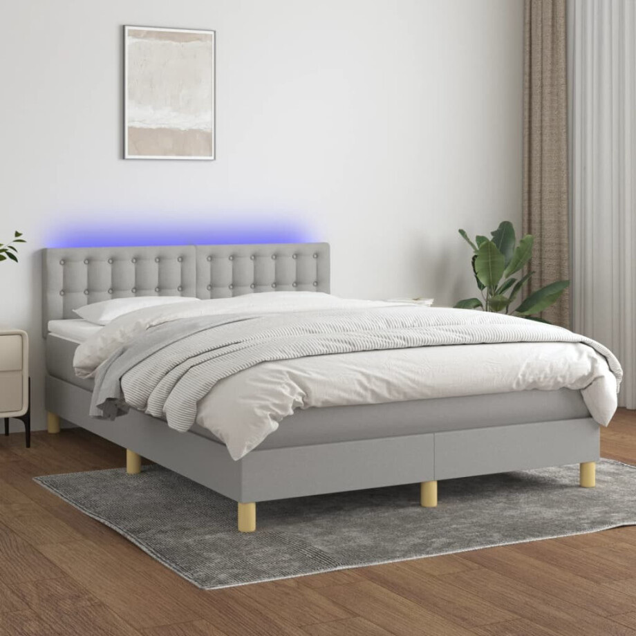 vidaXL Boxspring met matras en LED stof lichtgrijs 140x200 cm afbeelding 1