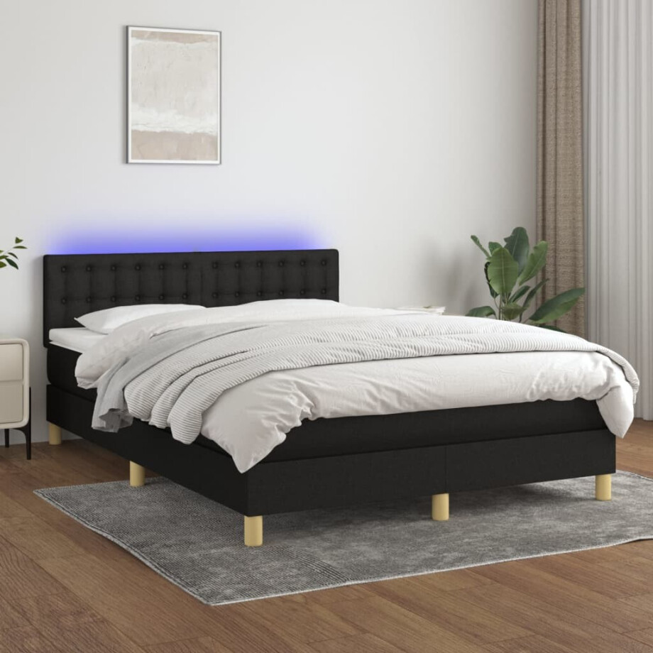 vidaXL Boxspring met matras en LED stof zwart 140x200 cm afbeelding 1