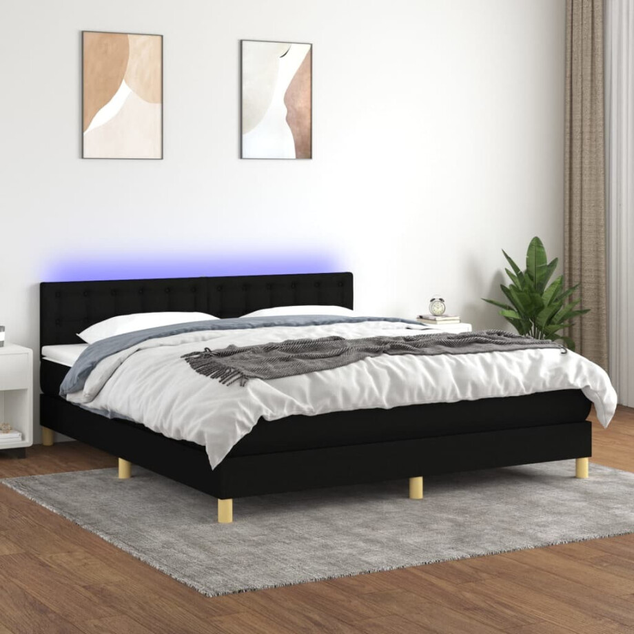 vidaXL Boxspring met matras en LED stof zwart 160x200 cm afbeelding 1