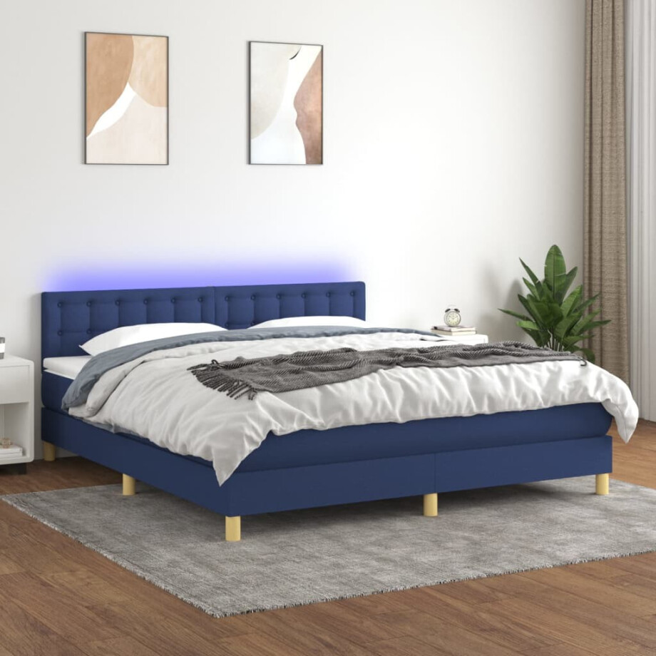vidaXL Boxspring met matras en LED stof blauw 160x200 cm afbeelding 1
