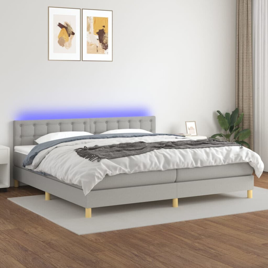 vidaXL Boxspring met matras en LED stof lichtgrijs 200x200 cm vidaXL Boxspring met matras en LED stof lichtgrijs 200x200 cm afbeelding 1