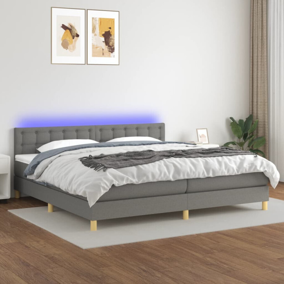 vidaXL Boxspring met matras en LED stof donkergrijs 200x200 cm vidaXL Boxspring met matras en LED stof donkergrijs 200x200 cm afbeelding 1