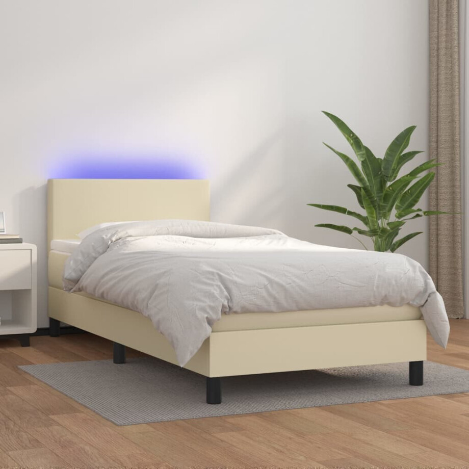 vidaXL Boxspring met matras en LED kunstleer crèmekleurig 90x200 cm afbeelding 1