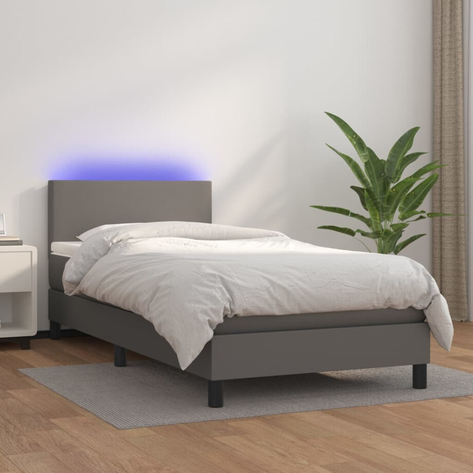 vidaXL Boxspring met matras en LED kunstleer grijs 90x200 cm vidaXL Boxspring met matras en LED kunstleer grijs 90x200 cm afbeelding 1