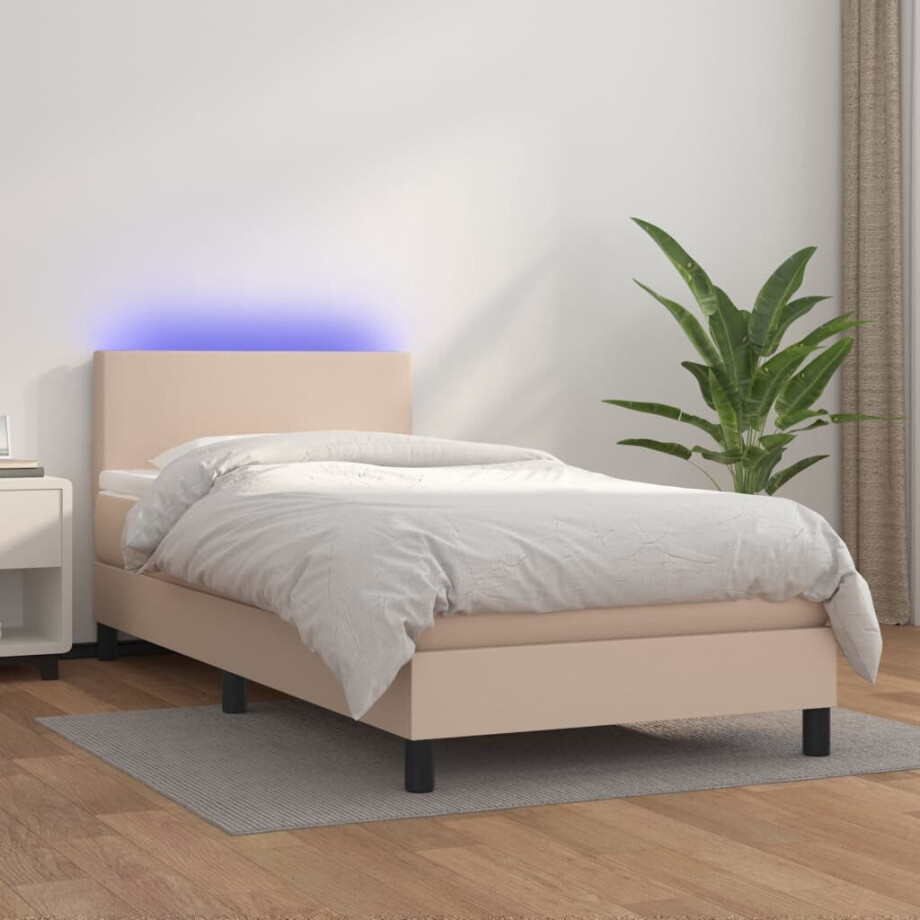 vidaXL Boxspring met matras en LED kunstleer cappuccinokleur 100x200cm vidaXL Boxspring met matras en LED kunstleer cappuccinokleur 100x200cm afbeelding 1