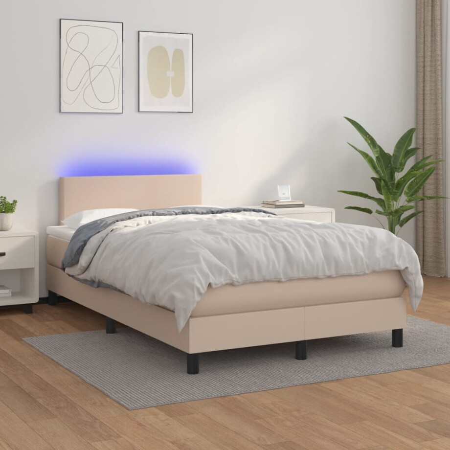 vidaXL Boxspring met matras en LED kunstleer cappuccinokleur 120x200cm vidaXL Boxspring met matras en LED kunstleer cappuccinokleur 120x200cm afbeelding 1