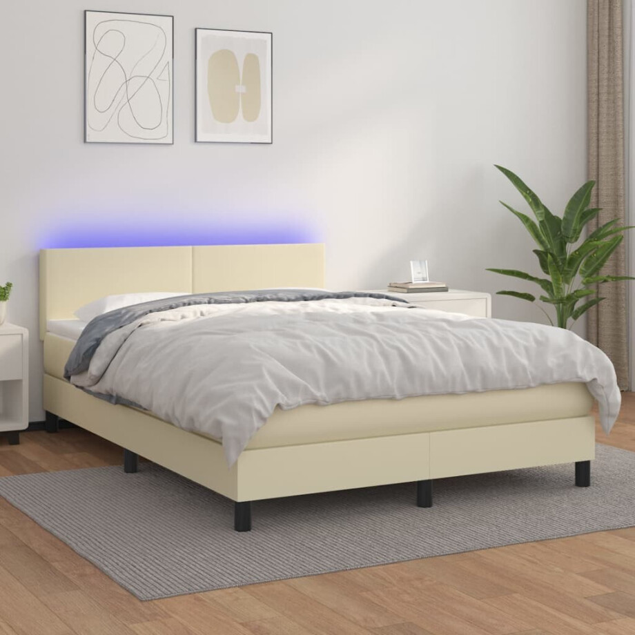 vidaXL Boxspring met matras en LED kunstleer crèmekleurig 140x190 cm vidaXL Boxspring met matras en LED kunstleer crèmekleurig 140x190 cm afbeelding 1