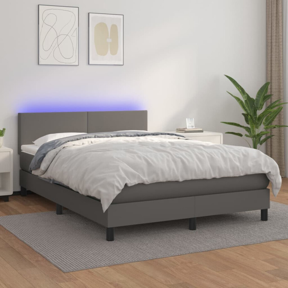 vidaXL Boxspring met matras en LED kunstleer grijs 140x190 cm vidaXL Boxspring met matras en LED kunstleer grijs 140x190 cm afbeelding 1