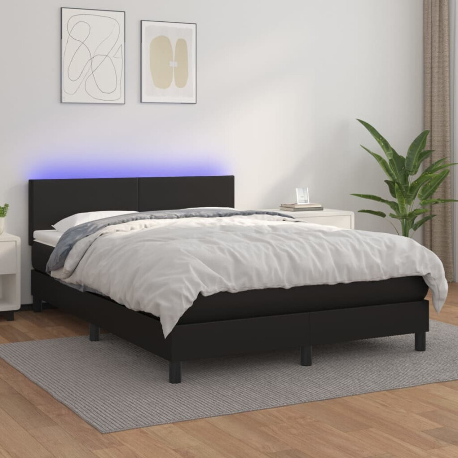 vidaXL Boxspring met matras en LED kunstleer zwart 140x200 cm vidaXL Boxspring met matras en LED kunstleer zwart 140x200 cm afbeelding 1