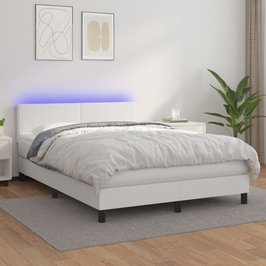 vidaXL Boxspring met matras en LED kunstleer wit 140x200 cm vidaXL Boxspring met matras en LED kunstleer wit 140x200 cm afbeelding 1