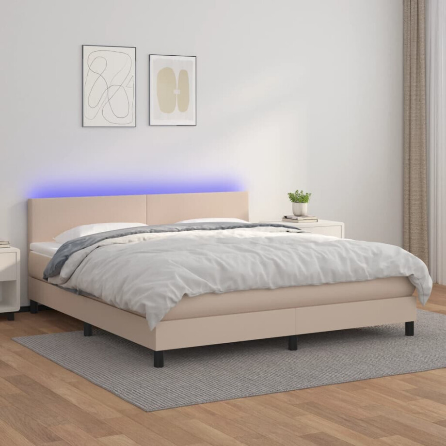 vidaXL Boxspring met matras en LED kunstleer cappuccinokleur 160x200cm vidaXL Boxspring met matras en LED kunstleer cappuccinokleur 160x200cm afbeelding 1
