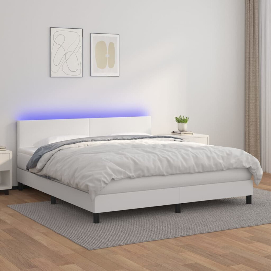 vidaXL Boxspring met matras en LED kunstleer wit 180x200 cm vidaXL Boxspring met matras en LED kunstleer wit 180x200 cm afbeelding 1