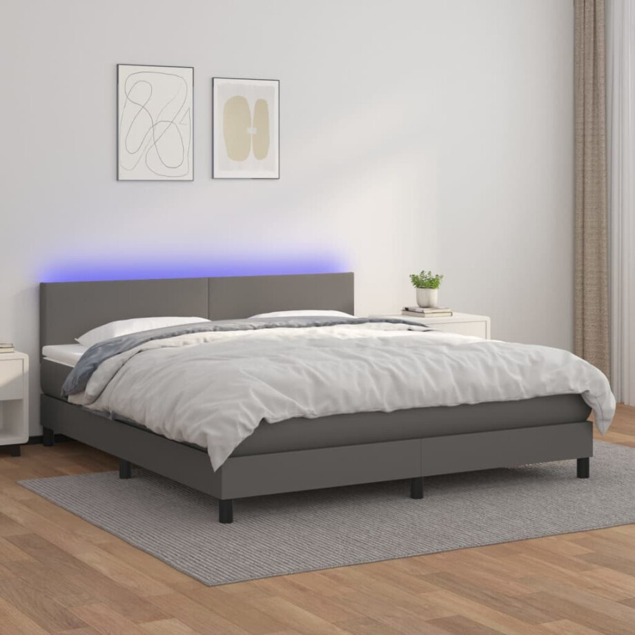 vidaXL Boxspring met matras en LED kunstleer grijs 180x200 cm vidaXL Boxspring met matras en LED kunstleer grijs 180x200 cm afbeelding 1