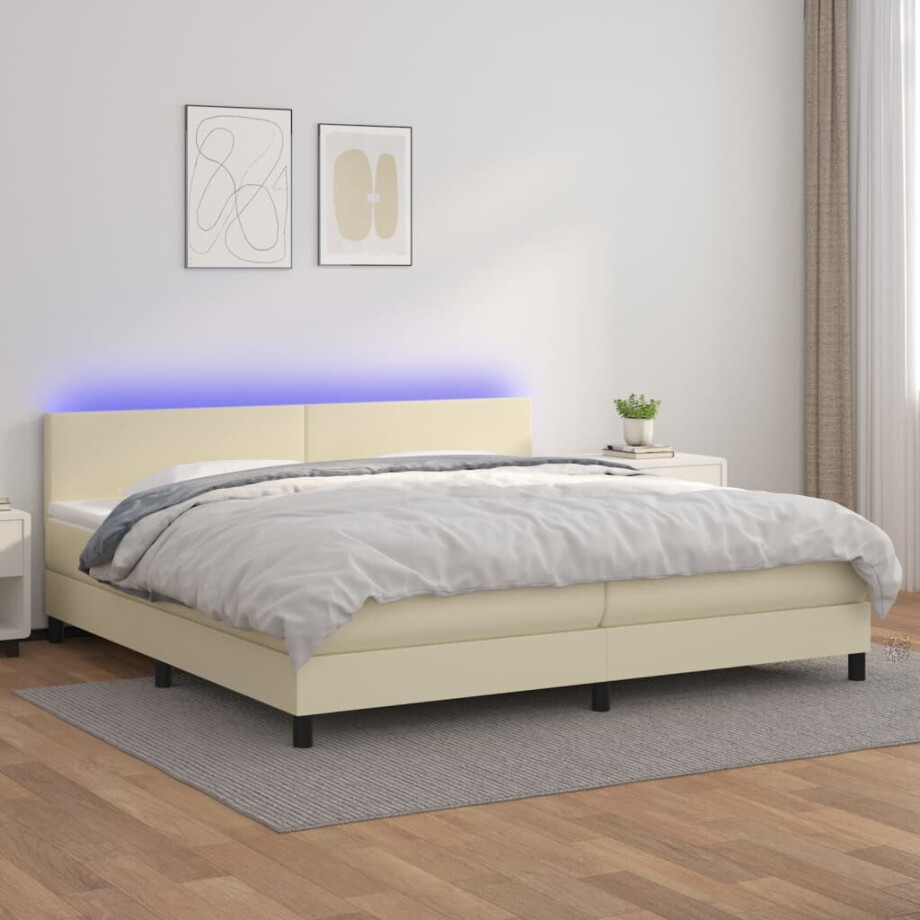 vidaXL Boxspring met matras en LED kunstleer crèmekleurig 200x200 cm afbeelding 1