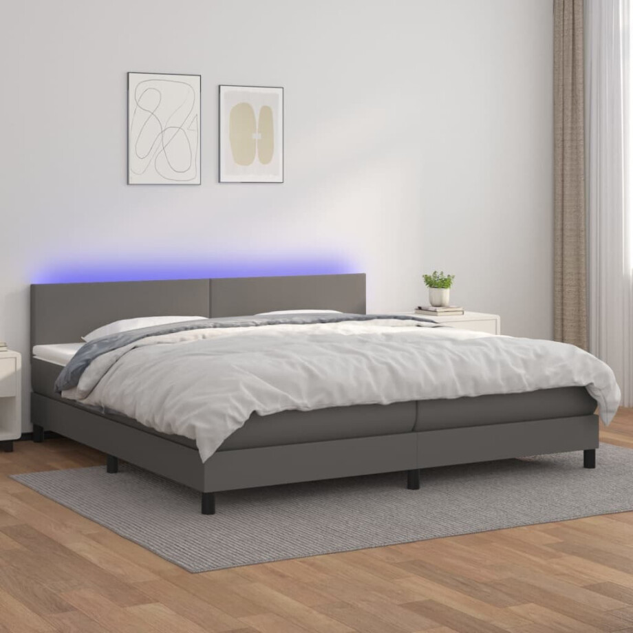 vidaXL Boxspring met matras en LED kunstleer grijs 200x200 cm afbeelding 1