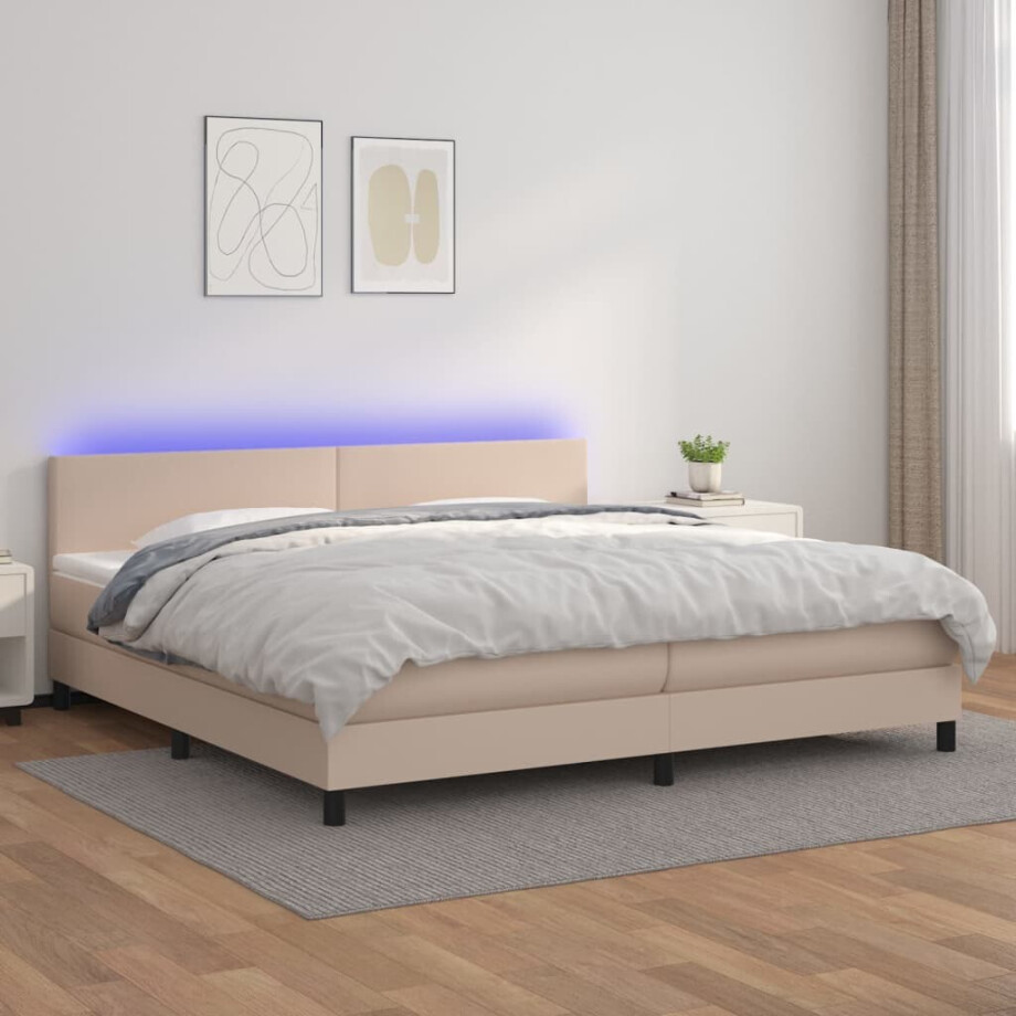 vidaXL Boxspring met matras en LED kunstleer cappuccinokleur 200x200cm afbeelding 1