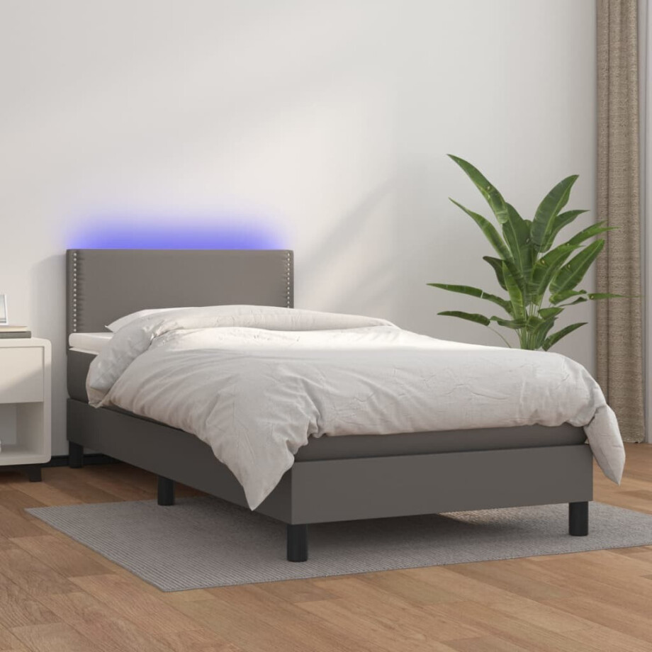 vidaXL Boxspring met matras en LED kunstleer grijs 100x200 cm afbeelding 1