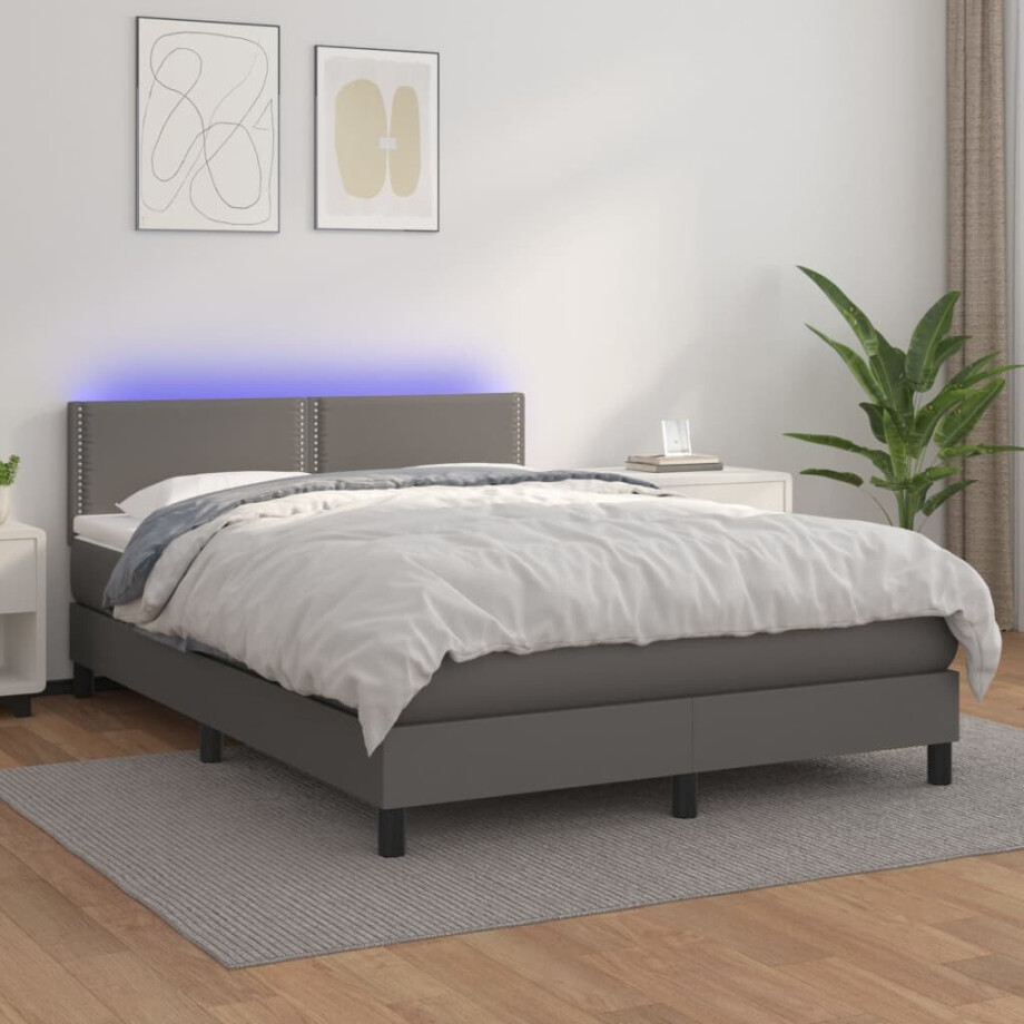 vidaXL Boxspring met matras en LED kunstleer grijs 140x190 cm vidaXL Boxspring met matras en LED kunstleer grijs 140x190 cm afbeelding 1