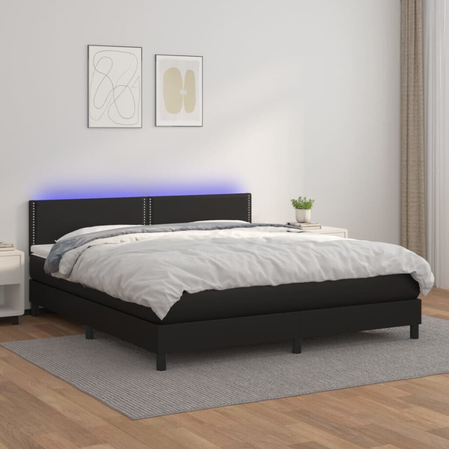 vidaXL Boxspring met matras en LED kunstleer zwart 160x200 cm vidaXL Boxspring met matras en LED kunstleer zwart 160x200 cm afbeelding 1