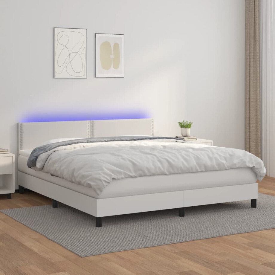 vidaXL Boxspring met matras en LED kunstleer wit 180x200 cm afbeelding 1