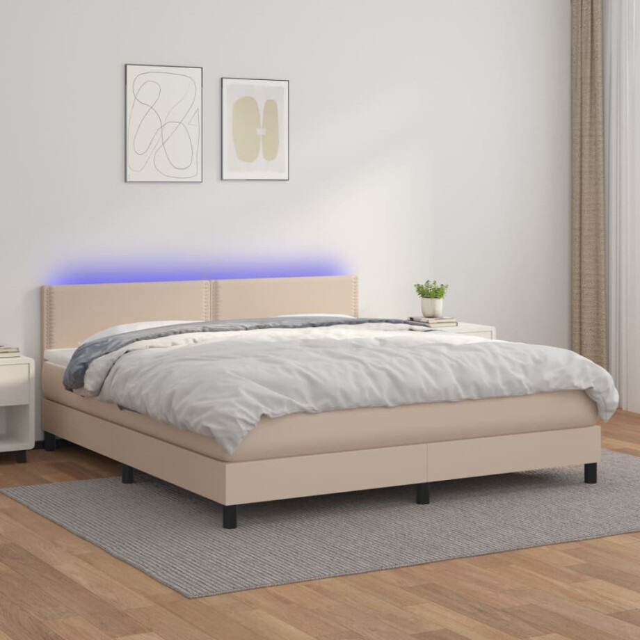 vidaXL Boxspring met matras en LED kunstleer cappuccinokleur 180x200cm vidaXL Boxspring met matras en LED kunstleer cappuccinokleur 180x200cm afbeelding 1