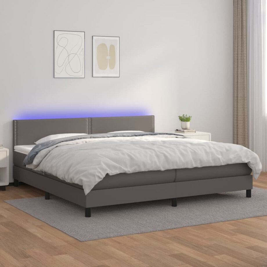 vidaXL Boxspring met matras en LED kunstleer grijs 200x200 cm vidaXL Boxspring met matras en LED kunstleer grijs 200x200 cm afbeelding 1