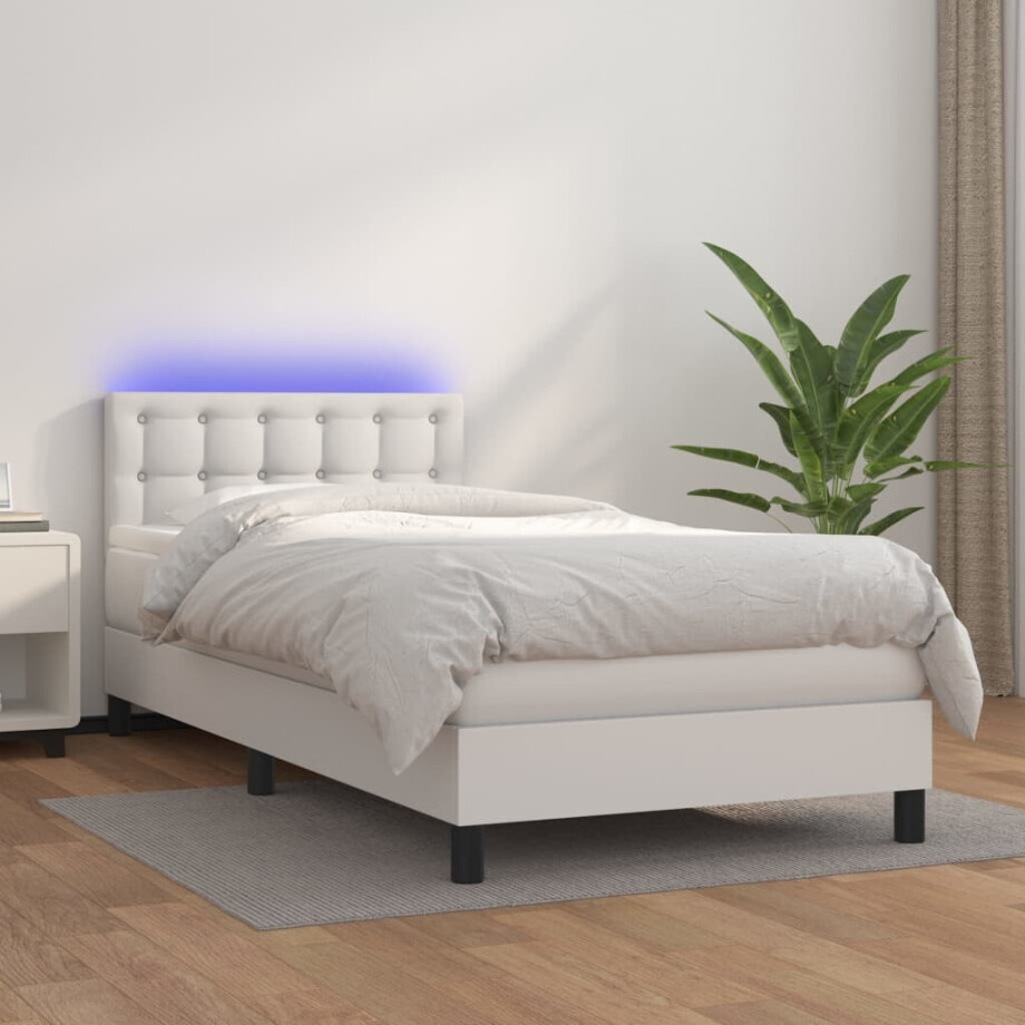 vidaXL Boxspring met matras en LED kunstleer wit 90x200 cm vidaXL Boxspring met matras en LED kunstleer wit 90x200 cm afbeelding 1