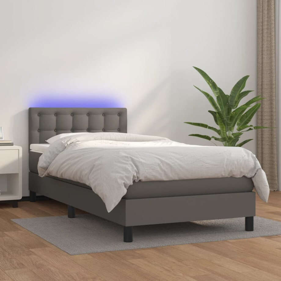 vidaXL Boxspring met matras en LED kunstleer grijs 90x200 cm afbeelding 1