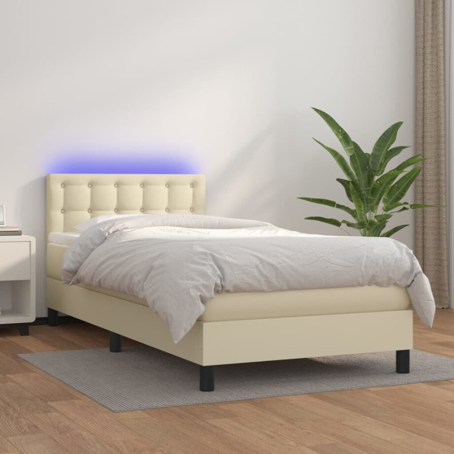 vidaXL Boxspring met matras en LED kunstleer crèmekleurig 100x200 cm vidaXL Boxspring met matras en LED kunstleer crèmekleurig 100x200 cm afbeelding 1