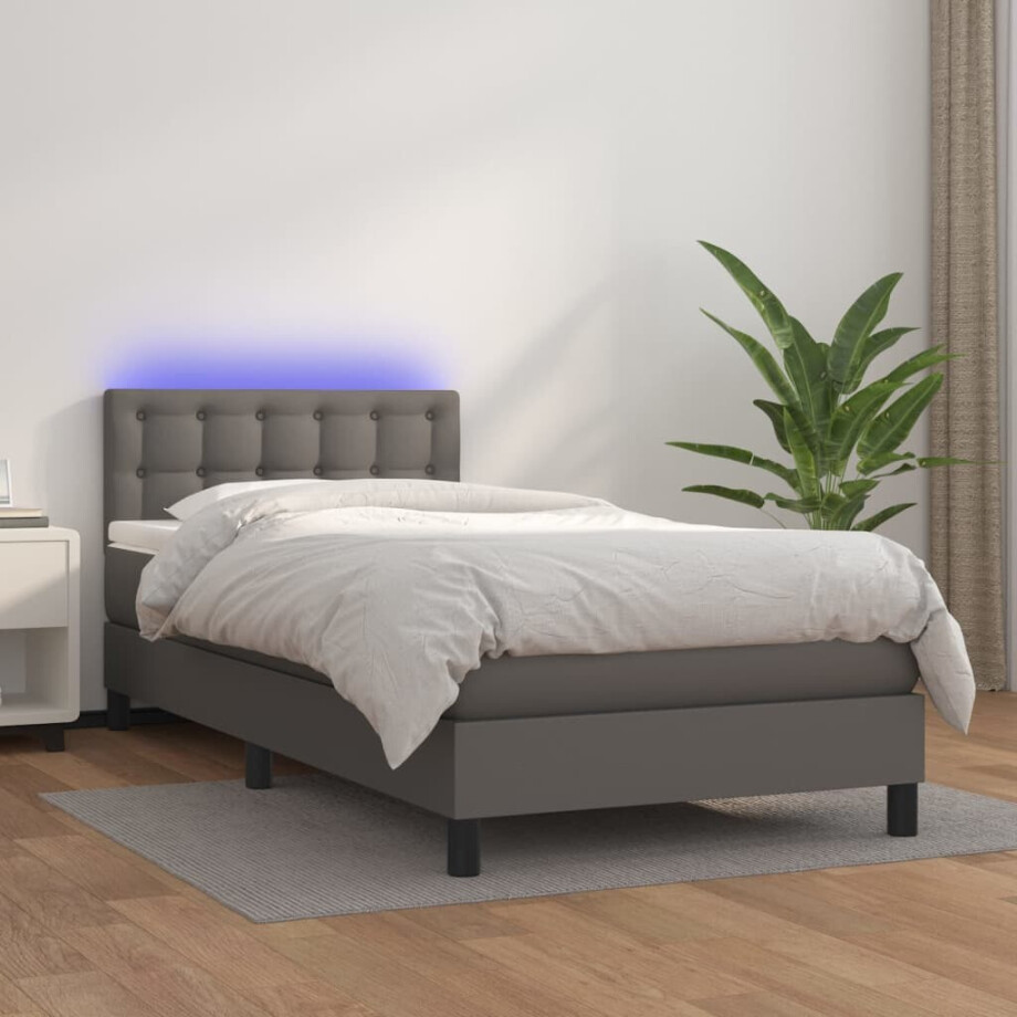 vidaXL Boxspring met matras en LED kunstleer grijs 100x200 cm afbeelding 1
