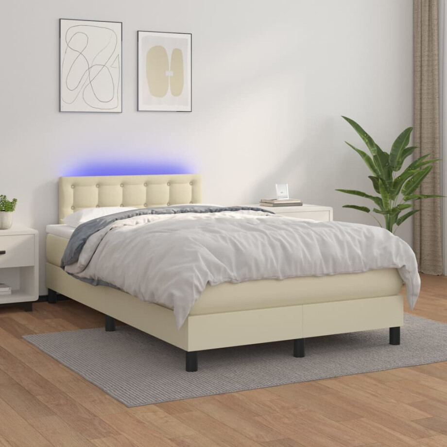 vidaXL Boxspring met matras en LED kunstleer crèmekleurig 120x200 cm afbeelding 1