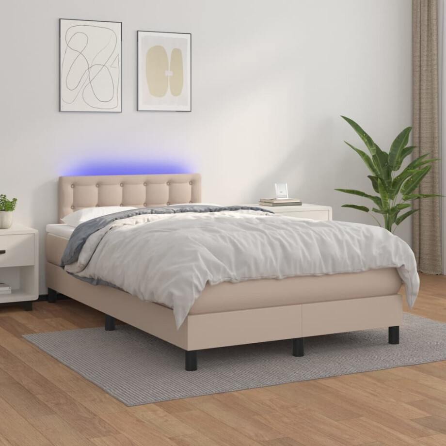 vidaXL Boxspring met matras en LED kunstleer cappuccinokleur 120x200cm vidaXL Boxspring met matras en LED kunstleer cappuccinokleur 120x200cm afbeelding 1