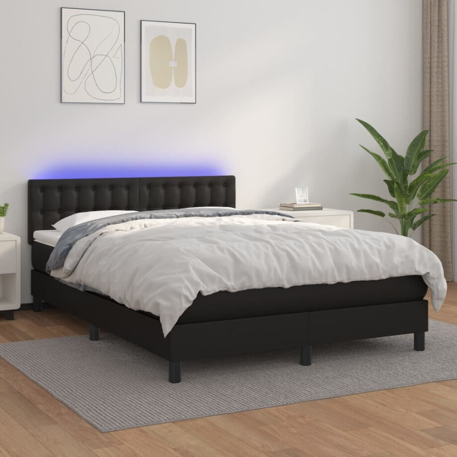 vidaXL Boxspring met matras en LED kunstleer zwart 140x190 cm vidaXL Boxspring met matras en LED kunstleer zwart 140x190 cm afbeelding 1