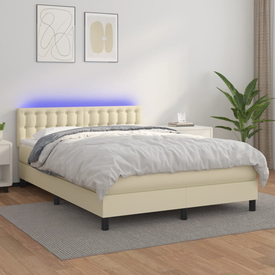 vidaXL Boxspring met matras en LED kunstleer crèmekleurig 140x190 cm vidaXL Boxspring met matras en LED kunstleer crèmekleurig 140x190 cm afbeelding 1