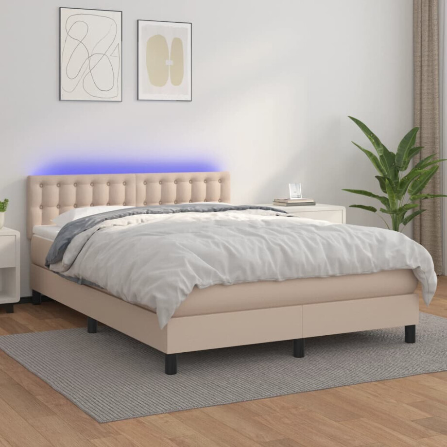 vidaXL Boxspring met matras en LED kunstleer cappuccinokleur 140x190cm vidaXL Boxspring met matras en LED kunstleer cappuccinokleur 140x190cm afbeelding 1