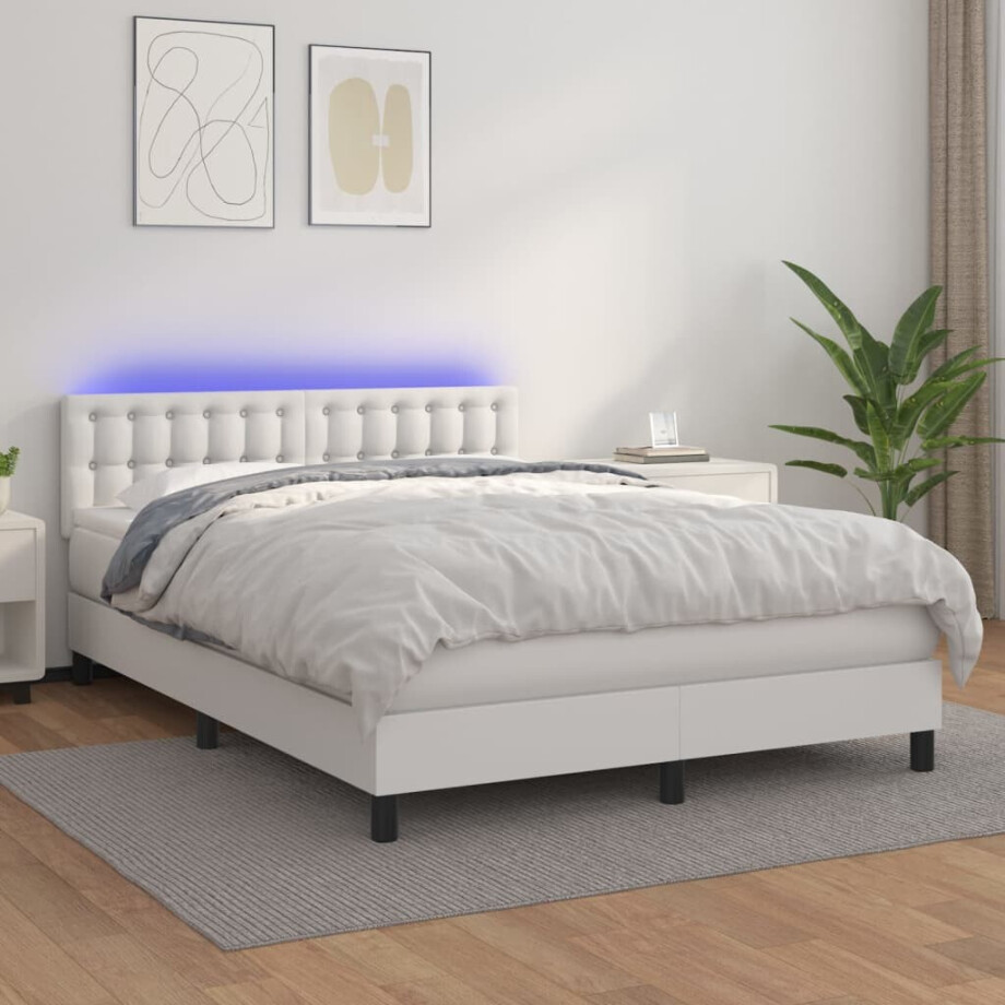vidaXL Boxspring met matras en LED kunstleer wit 140x200 cm vidaXL Boxspring met matras en LED kunstleer wit 140x200 cm afbeelding 1