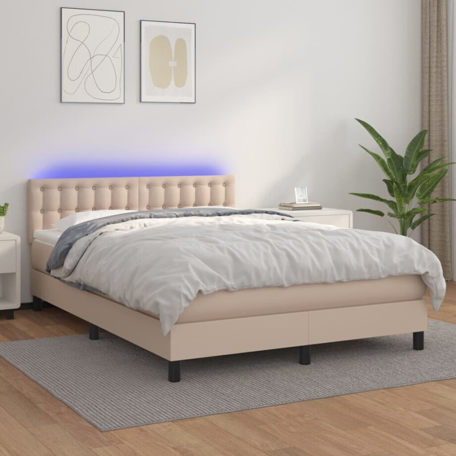 vidaXL Boxspring met matras en LED kunstleer cappuccinokleur 140x200cm vidaXL Boxspring met matras en LED kunstleer cappuccinokleur 140x200cm afbeelding 1