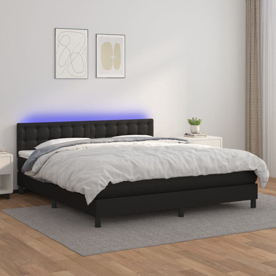 vidaXL Boxspring met matras en LED kunstleer zwart 160x200 cm vidaXL Boxspring met matras en LED kunstleer zwart 160x200 cm afbeelding 1