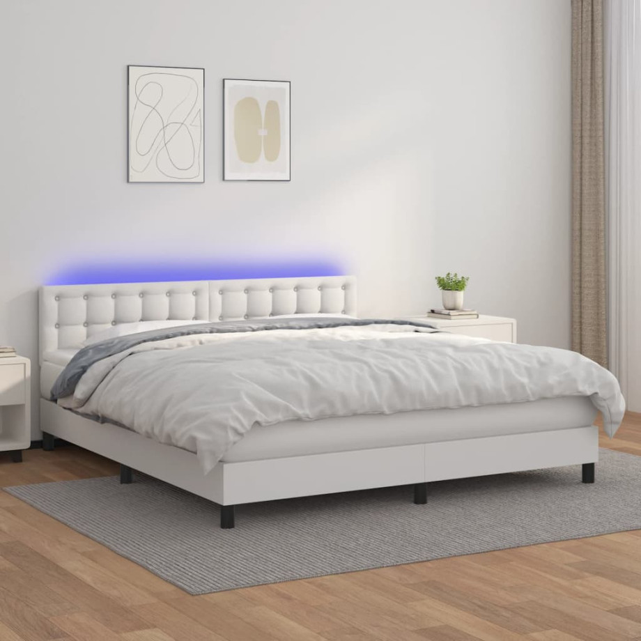 vidaXL Boxspring met matras en LED kunstleer wit 160x200 cm afbeelding 1