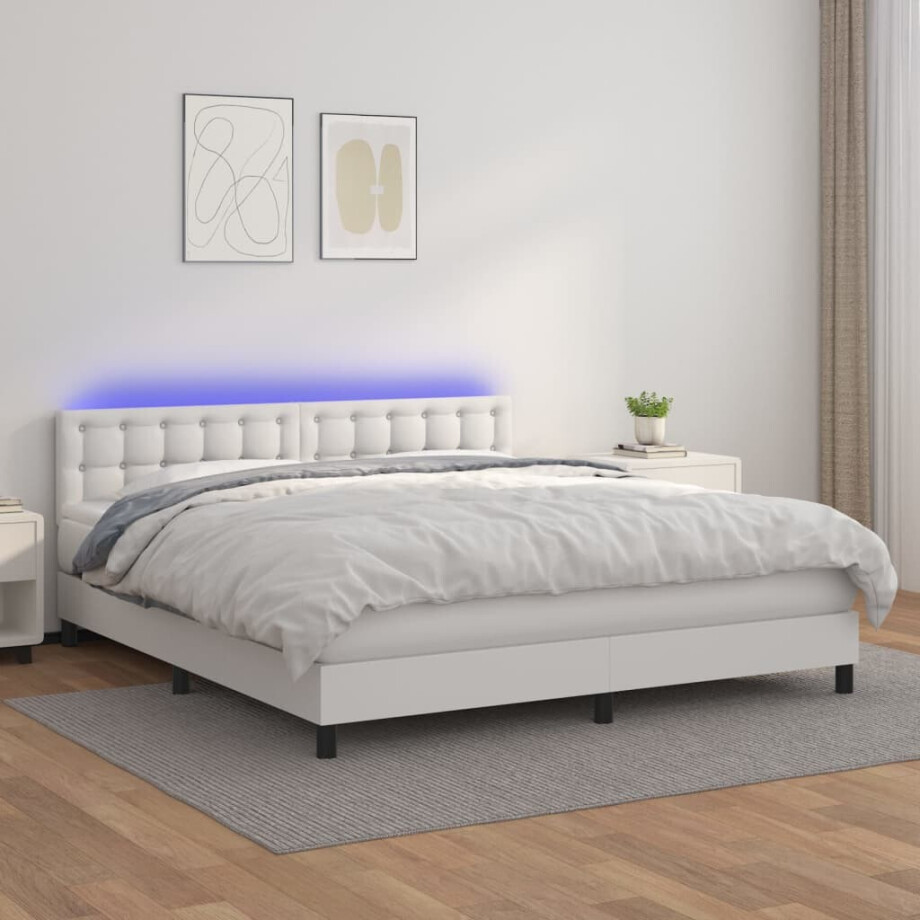 vidaXL Boxspring met matras en LED kunstleer wit 180x200 cm vidaXL Boxspring met matras en LED kunstleer wit 180x200 cm afbeelding 1