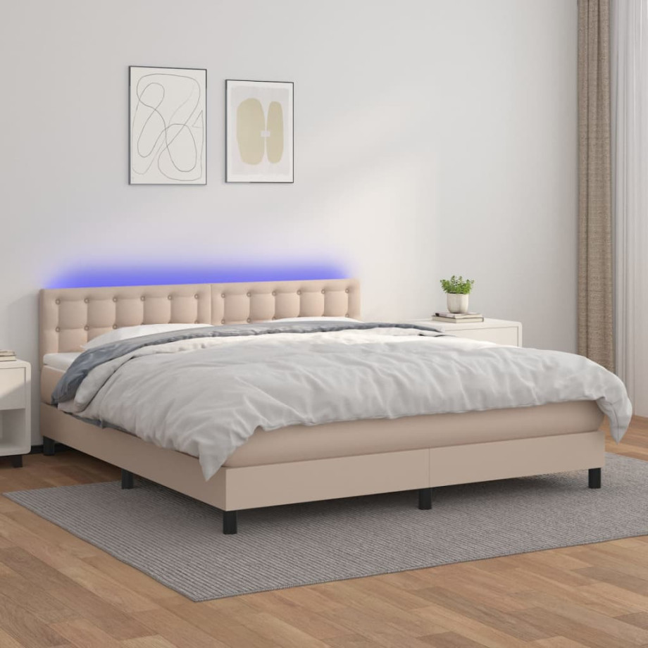 vidaXL Boxspring met matras en LED kunstleer cappuccinokleur 180x200cm afbeelding 1