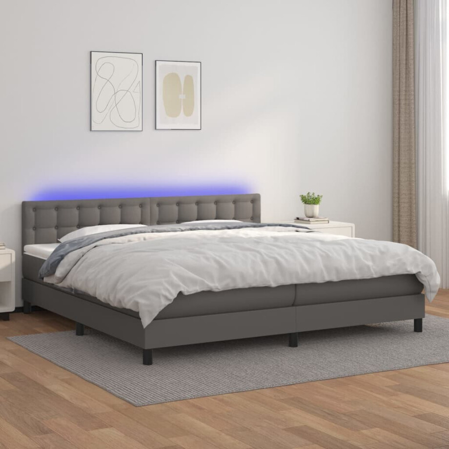 vidaXL Boxspring met matras en LED kunstleer grijs 200x200 cm vidaXL Boxspring met matras en LED kunstleer grijs 200x200 cm afbeelding 1