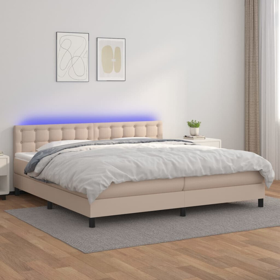 vidaXL Boxspring met matras en LED kunstleer cappuccinokleur 200x200cm afbeelding 1