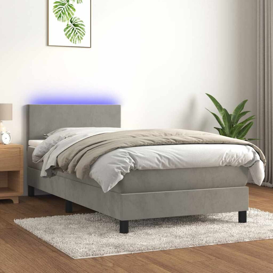 vidaXL Boxspring met matras en LED fluweel lichtgrijs 80x200 cm afbeelding 1