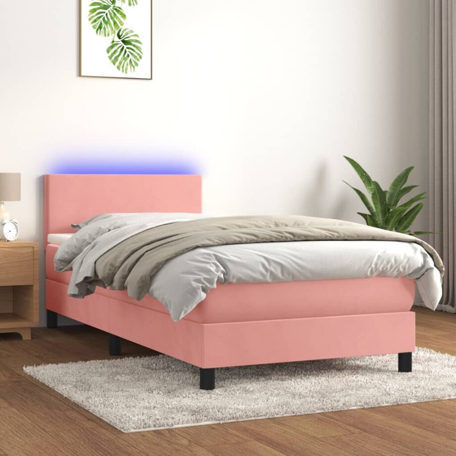 vidaXL Boxspring met matras en LED fluweel roze 90x190 cm vidaXL Boxspring met matras en LED fluweel roze 90x190 cm afbeelding 1