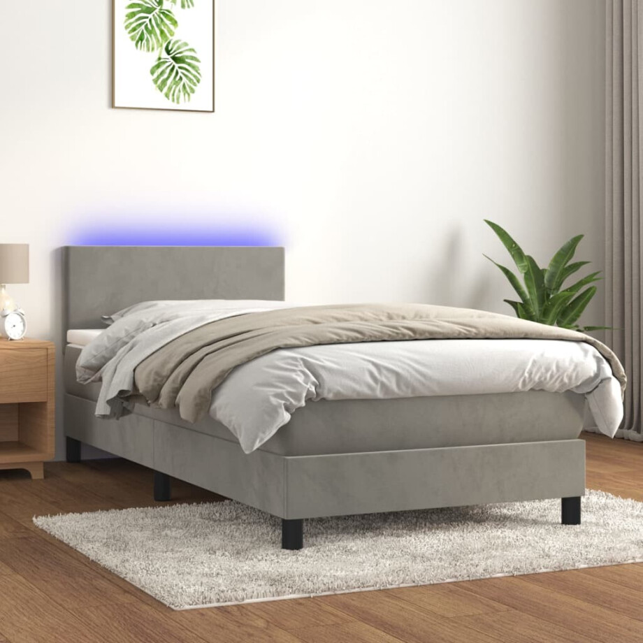 vidaXL Boxspring met matras en LED fluweel lichtgrijs 90x200 cm vidaXL Boxspring met matras en LED fluweel lichtgrijs 90x200 cm afbeelding 1