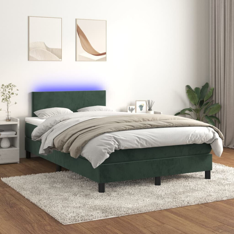 vidaXL Boxspring met matras en LED fluweel donkergroen 120x200 cm afbeelding 1