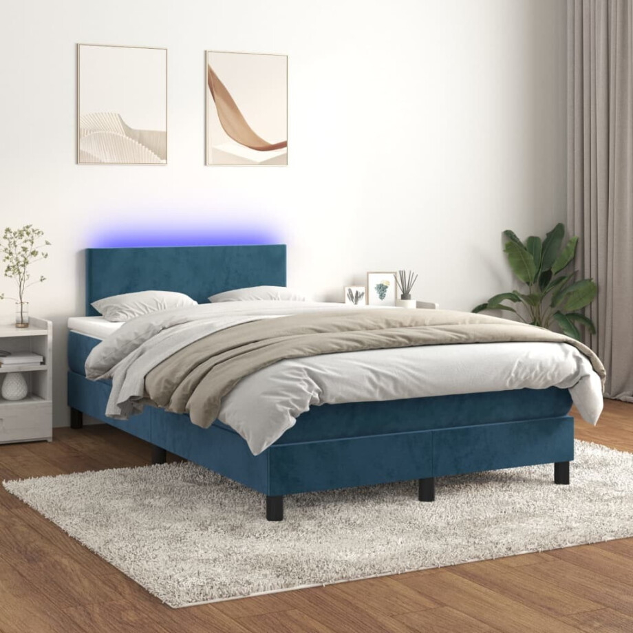 vidaXL Boxspring met matras en LED fluweel donkerblauw 120x200 cm afbeelding 1