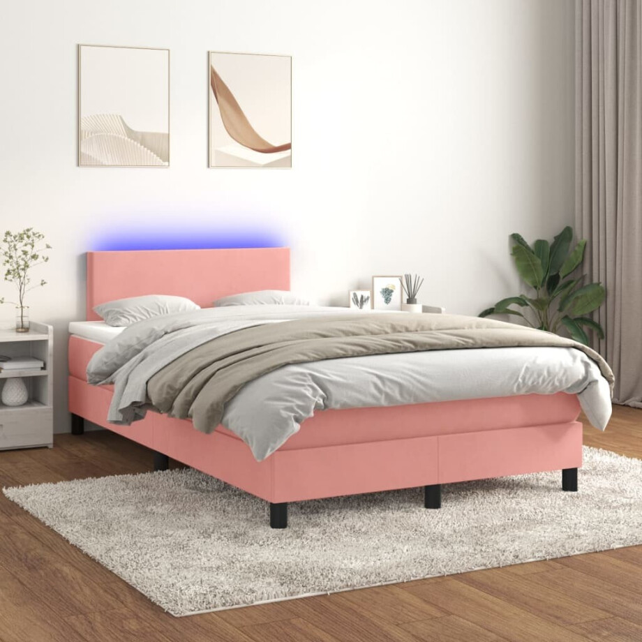 vidaXL Boxspring met matras en LED fluweel roze 120x200 cm vidaXL Boxspring met matras en LED fluweel roze 120x200 cm afbeelding 1
