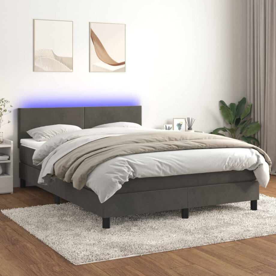 vidaXL Boxspring met matras en LED fluweel donkergrijs 140x200 cm afbeelding 1